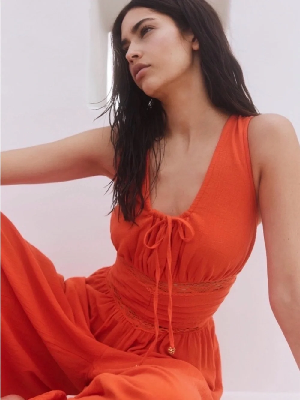 Free People Livin’ Lovely Crochet Cotton Jumpsuit Orange Small